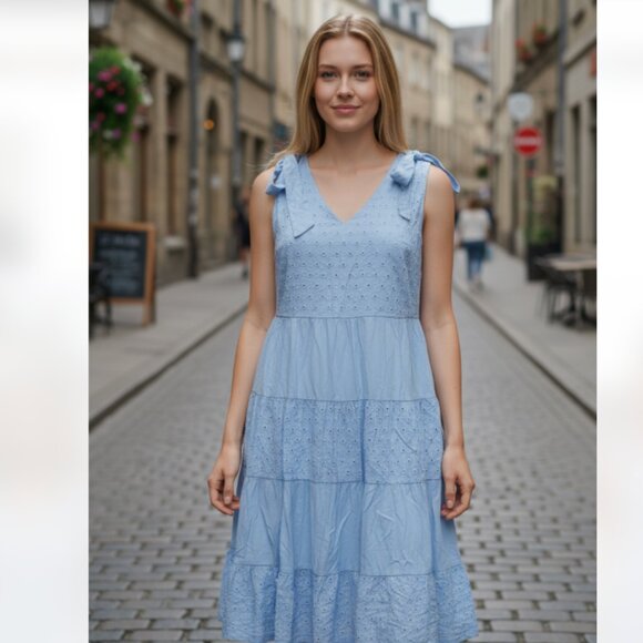 NWOT Marc New York  Light Blue Eyelet Lace MIDI Dress Bow Shoulders - Picture 1 of 7